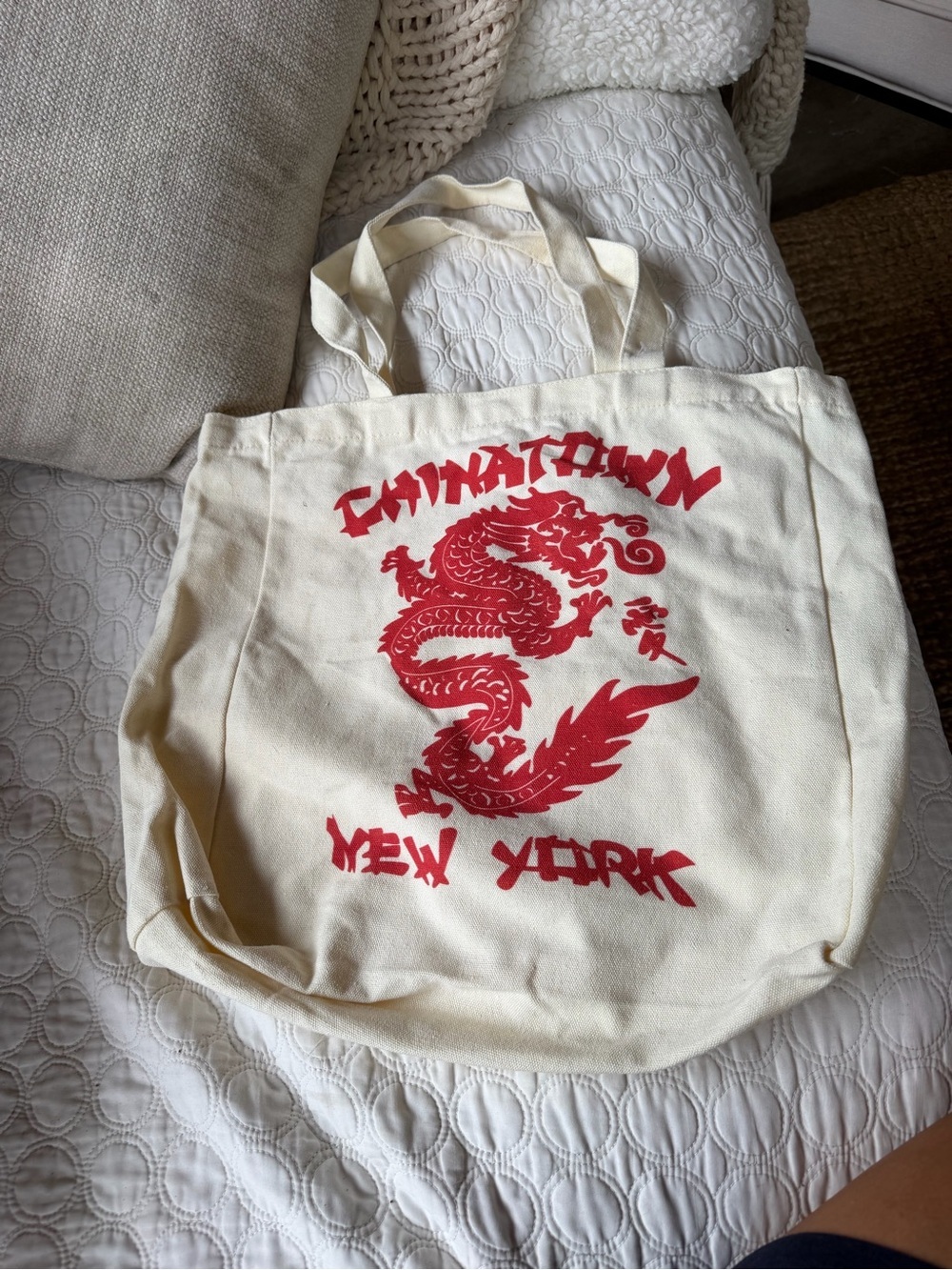 NYC Chinatown canvas tote bag with red Chinese-style dragon Chinatown NYC
